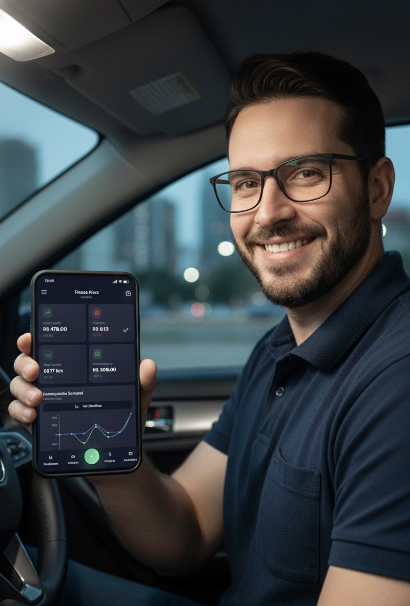 Motorista profissional feliz segurando celular com dashboard do Sistema Custo Por KM Premium mostrando controle completo de gastos